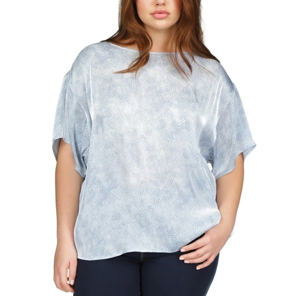 NWT Michael Kors Womens Petal Print Tunic Blouse Blue Silky Short Sleeve Size 3X